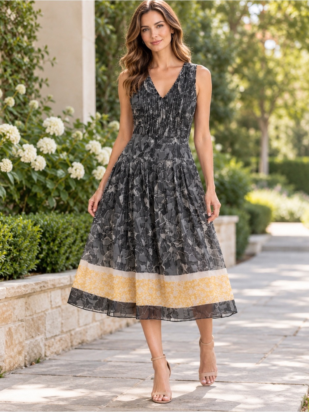 Black Pleated V-Neck Midi Dress Contrast Floral Hem Size 10